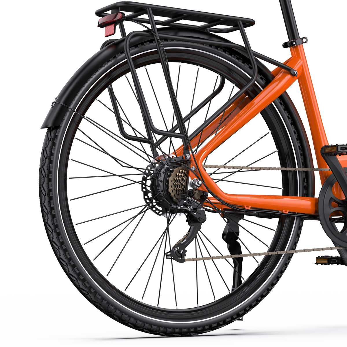 OneSport OT05 Max rear wheel from the side with rear rack, chain, derailleur and orange frame