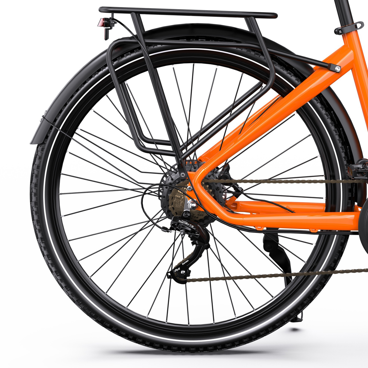 OneSport OT05 Max rear section with black rear rack, mudguard, chain and orange frame