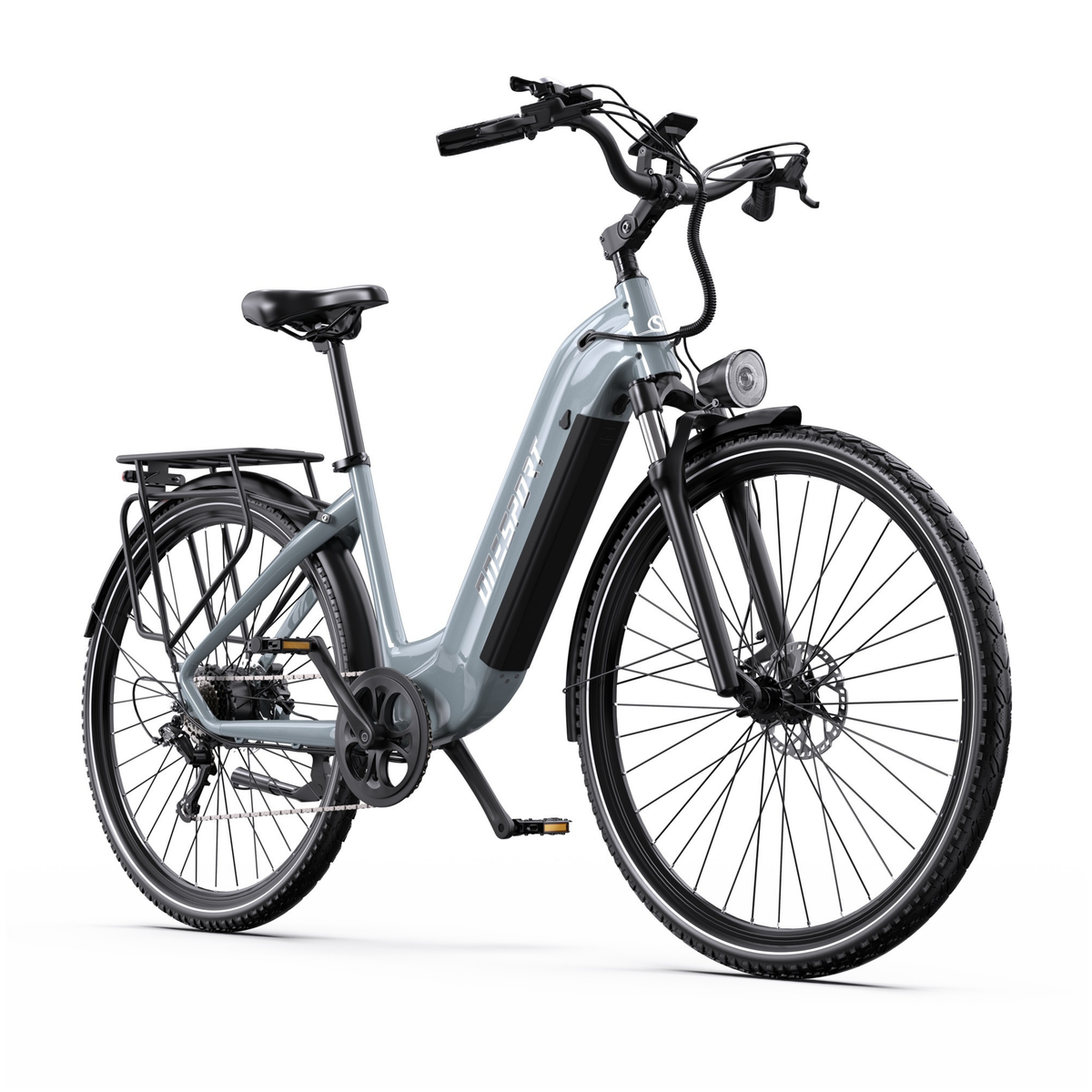 OneSport OT05 Max grey electric bicycle in front three-quarter view with rear rack and front light