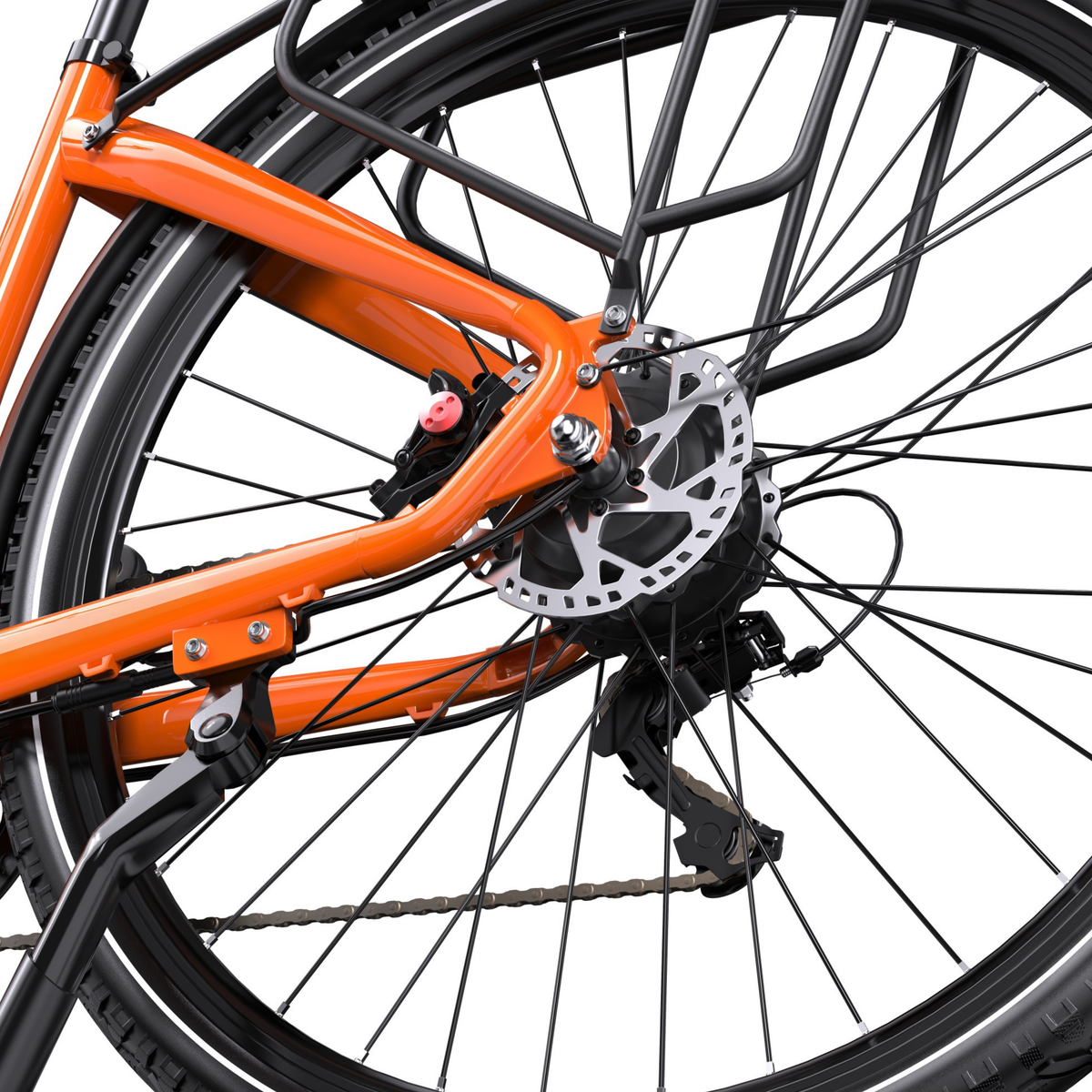 OneSport OT05 Max close-up of rear wheel hub with brake disc, brake caliper, derailleur and stand