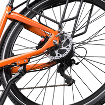 OneSport OT05 Max close-up of rear wheel hub with brake disc, brake caliper, derailleur and stand