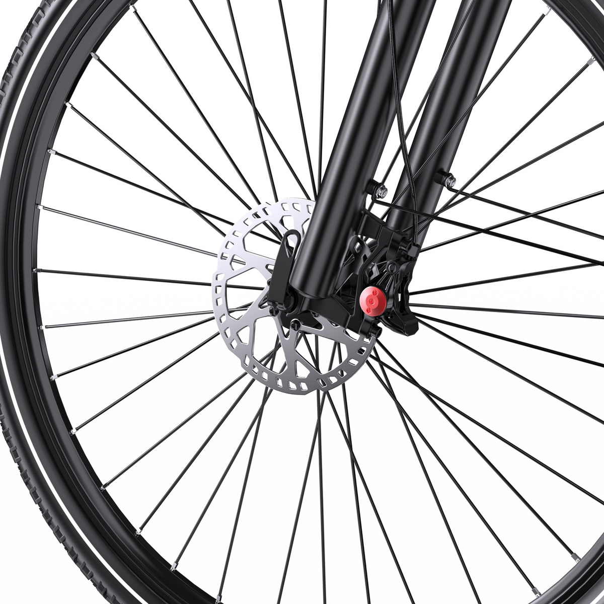 OneSport OT05 Max, close-up of front wheel with brake disc, brake caliper and black front fork