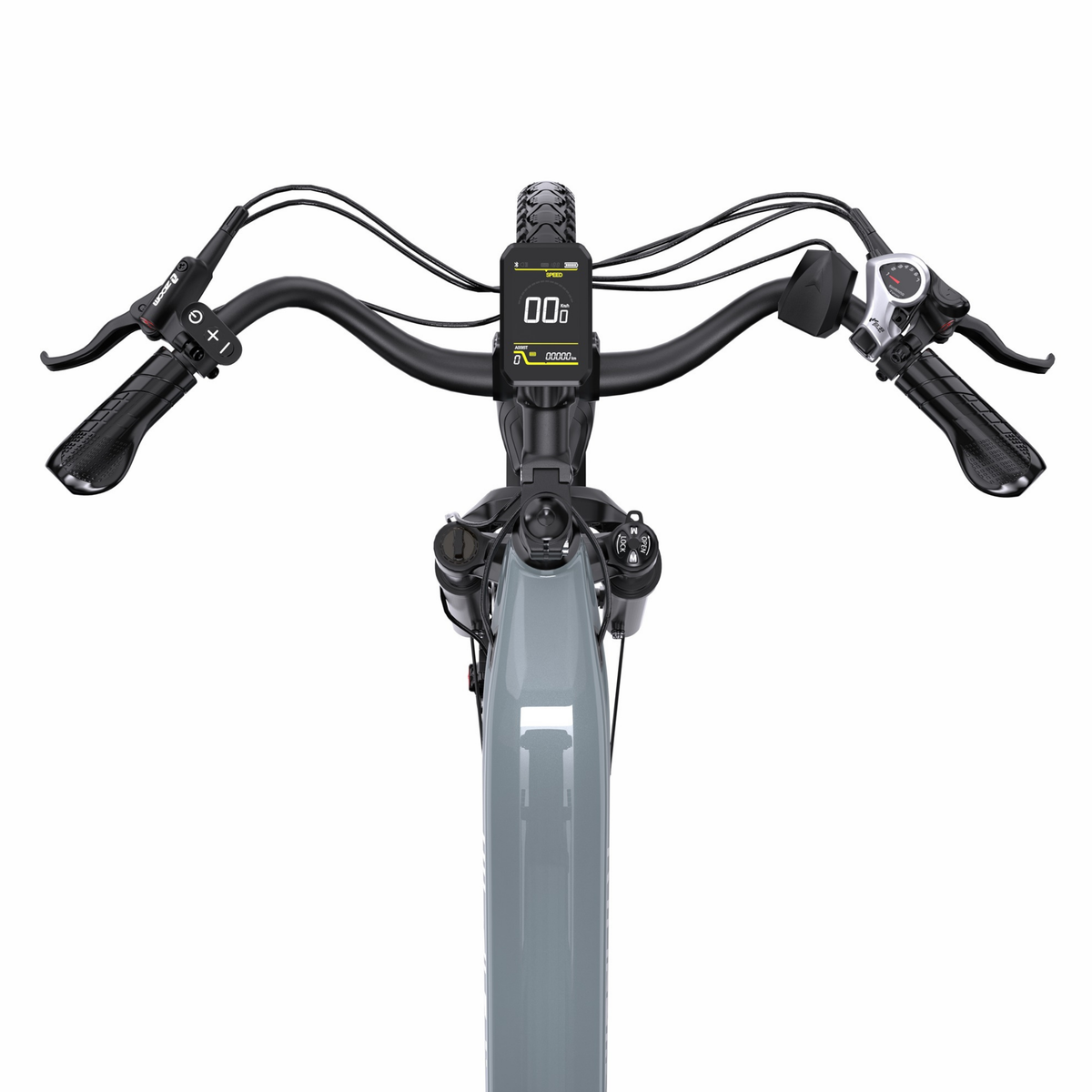 OneSport OT05 Max handlebar seen from above with display, brake lever and gear shifter