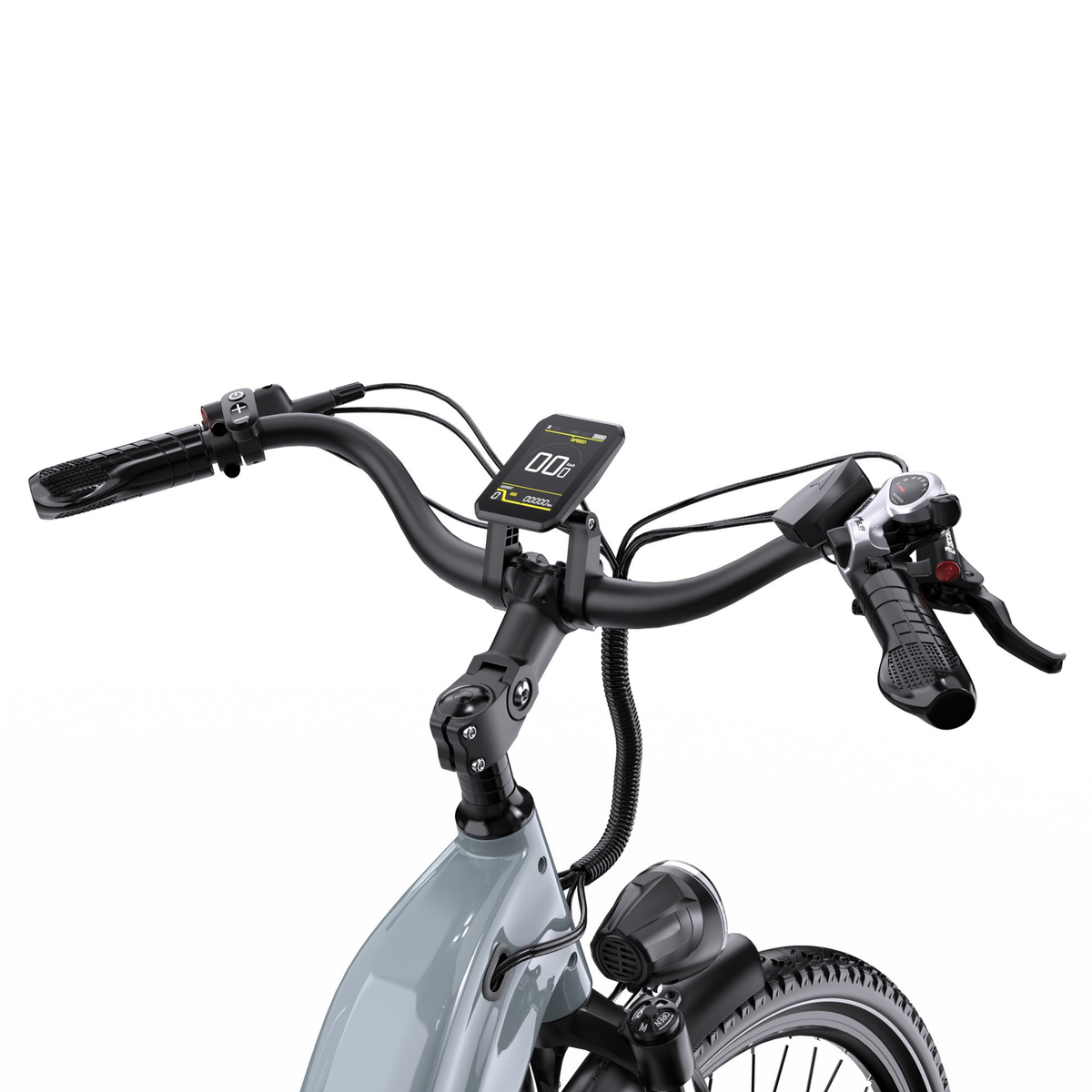 Close-up of the OneSport OT05 Max handlebar and display with grips and front light