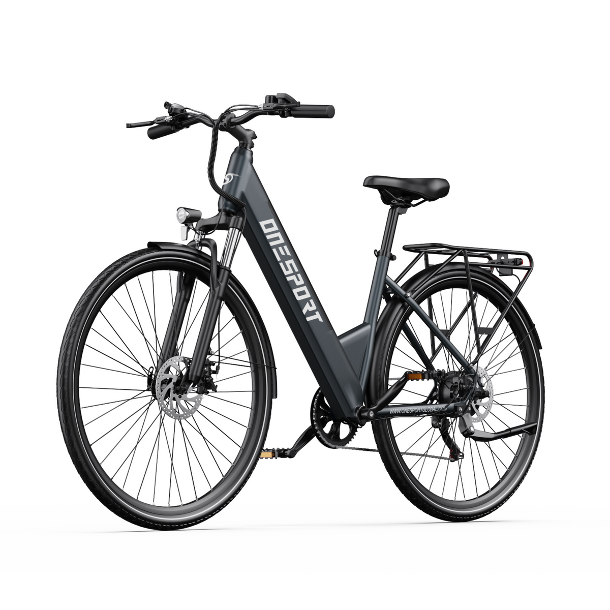 OneSport OT12 Pro e-bike seen from the front at an angle with low step-through frame, rear rack and disc brakes