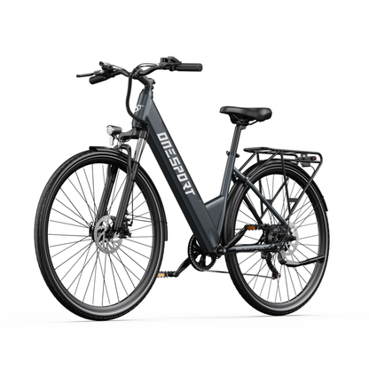 OneSport OT12 Pro e-bike seen from the front at an angle with low step-through frame, rear rack and disc brakes