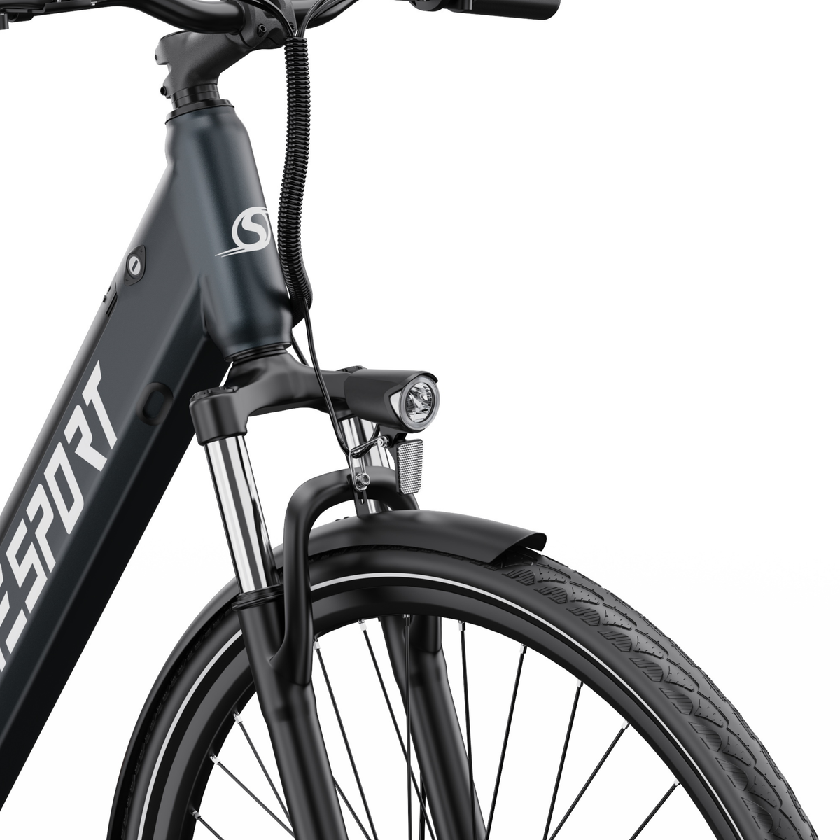 Front section of the OneSport OT12 Pro with frame, front fork, headlight, mudguard and front wheel