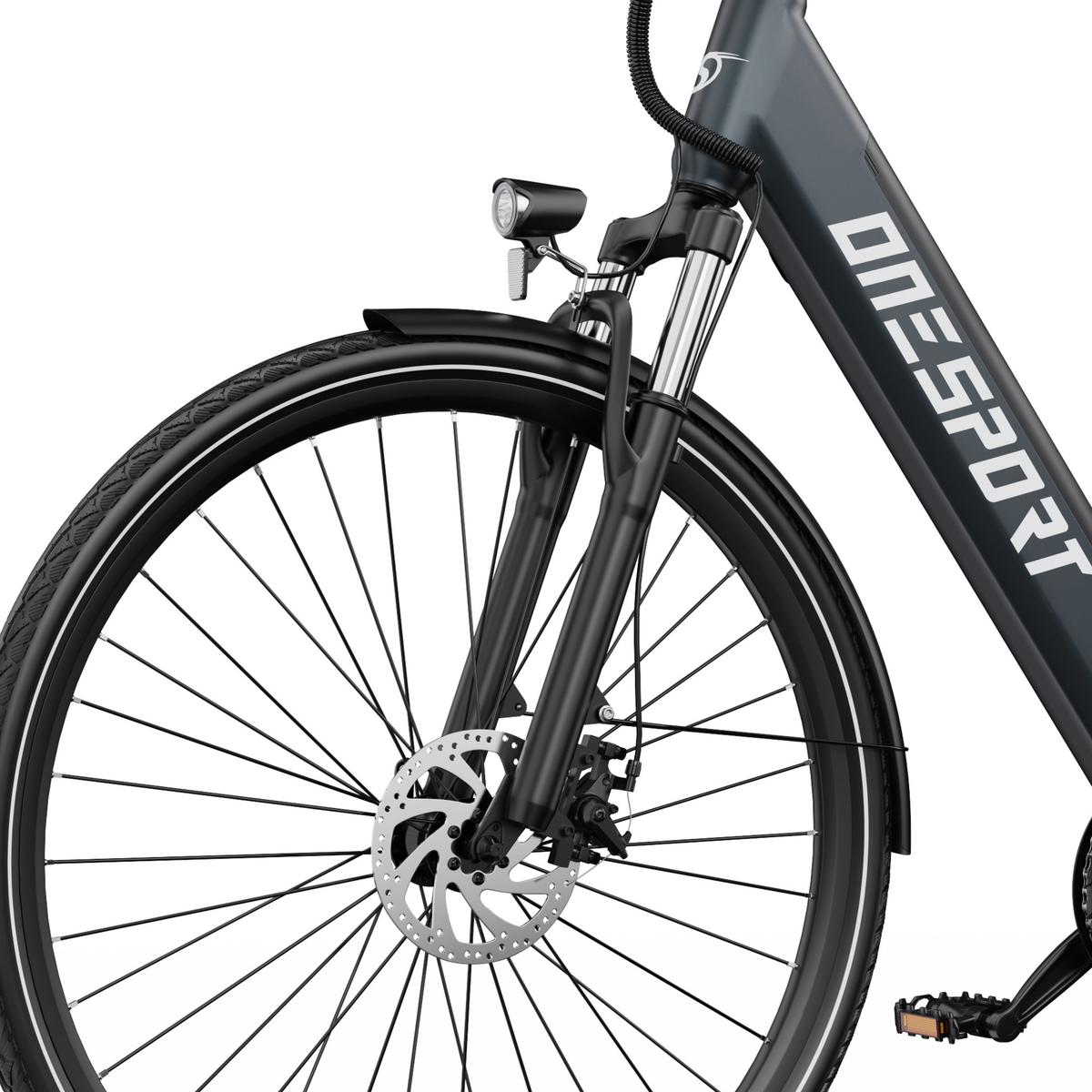 Front wheel of the OneSport OT12 Pro with disc brake, front fork, mudguard and headlight