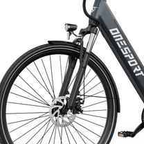 Front wheel of the OneSport OT12 Pro with disc brake, front fork, mudguard and headlight