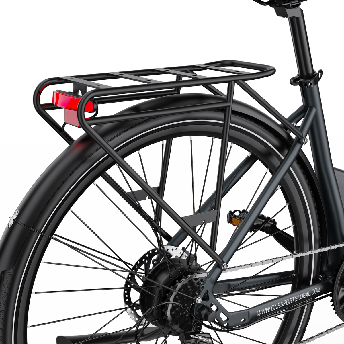 OneSport OT12 Pro from behind with rear rack, rear light, mudguard and rear wheel