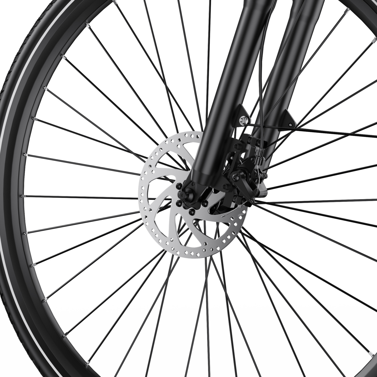 OneSport OT12 Pro close-up of front wheel disc brake, front fork and spokes