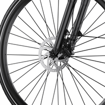 OneSport OT12 Pro close-up of front wheel disc brake, front fork and spokes