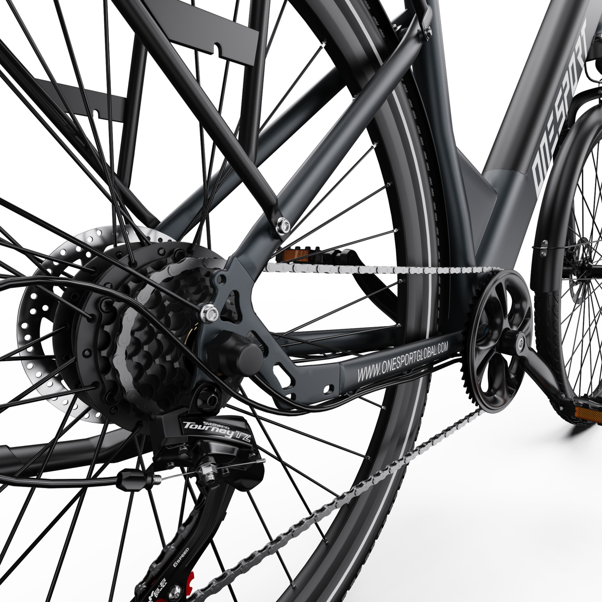 OneSport OT12 Pro rear wheel hub with chain, cassette and Shimano Tourney gear shifter