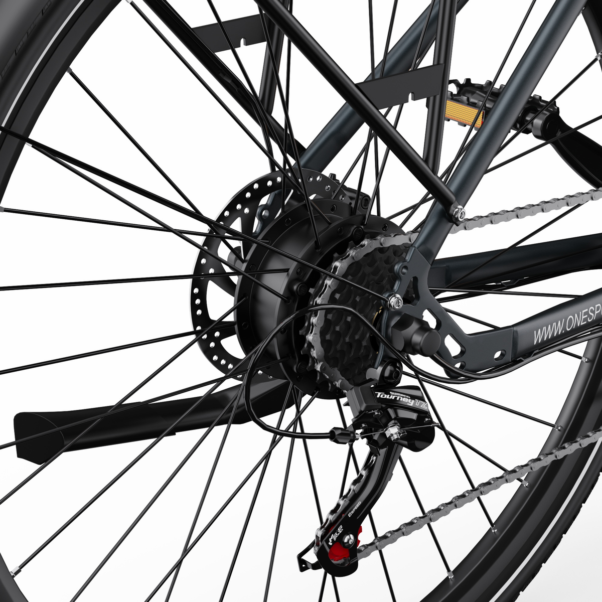 OneSport OT12 Pro close-up of rear wheel with brake disc, cassette and Shimano Tourney gear shifter
