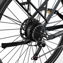 OneSport OT12 Pro close-up of rear wheel with brake disc, cassette and Shimano Tourney gear shifter