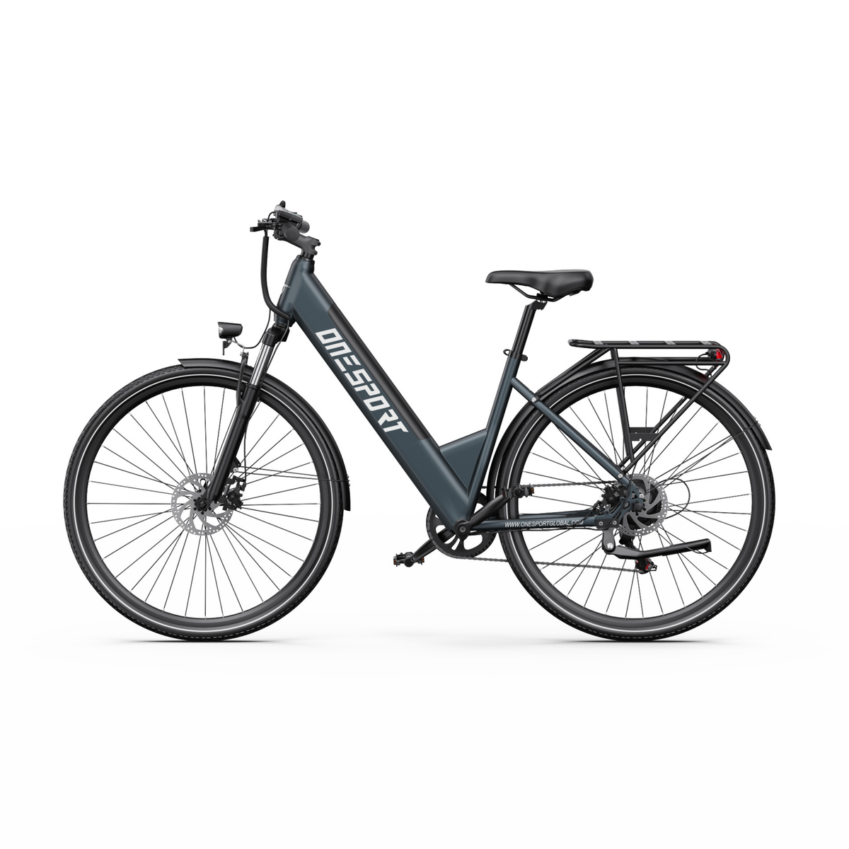 OneSport OT12 Pro e-bike seen straight from the side with low step-through frame, saddle and rear rack
