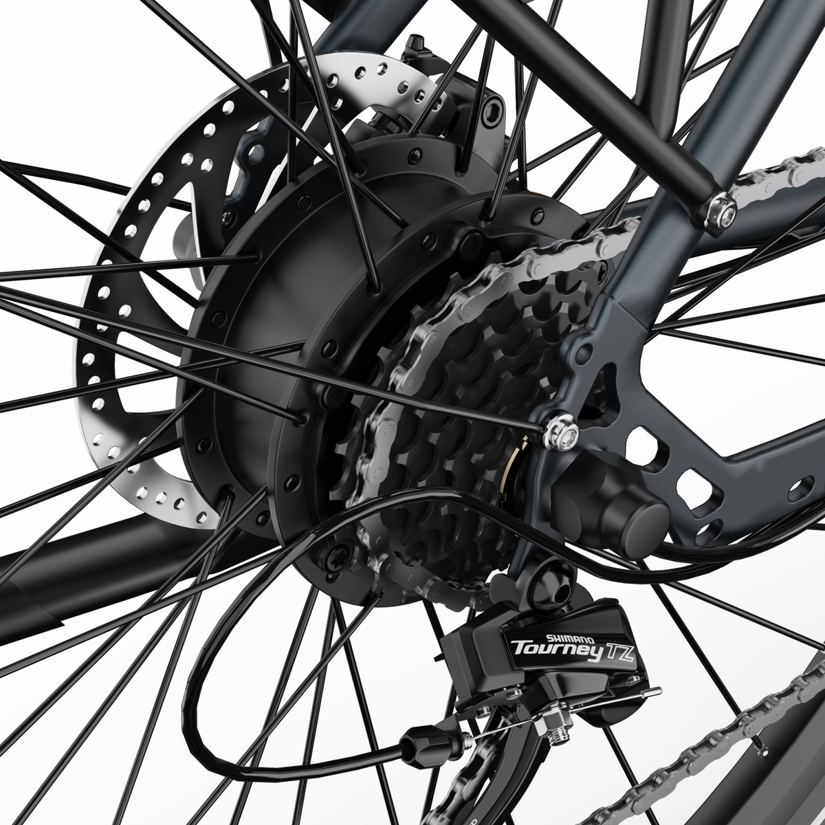 OneSport OT12 Pro, detail of the rear hub, brake disc, cassette and chain