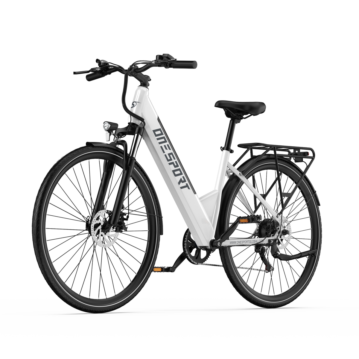 OneSport OT12 Pro, white electric bicycle with a low step-through frame, front three-quarter view with rear rack and mudguards