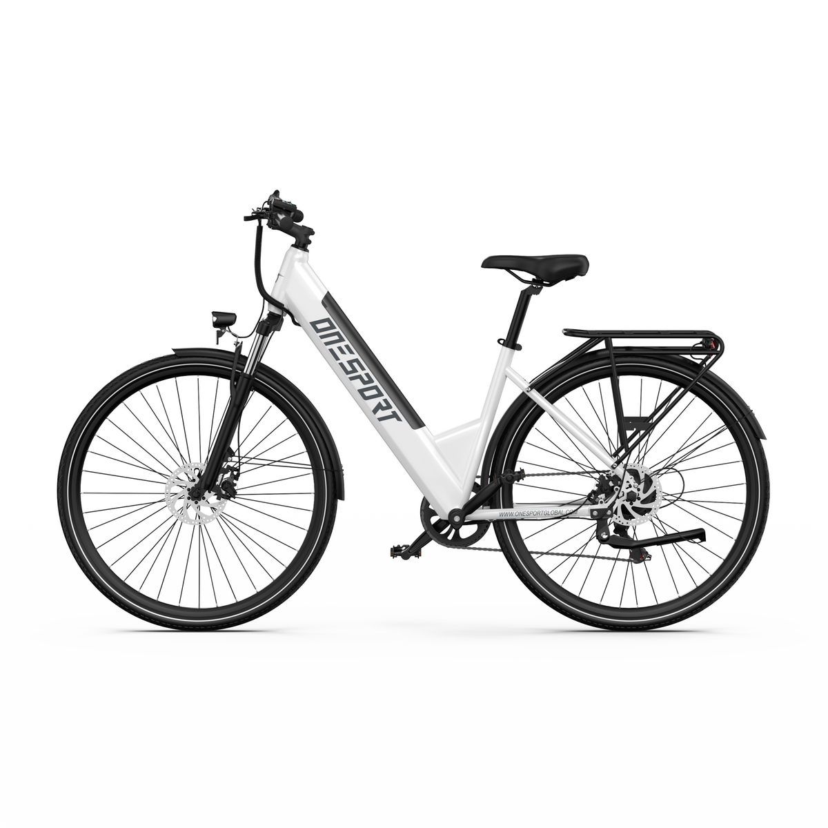 OneSport OT12 Pro, white electric bicycle with a low step-through frame, seen straight from the side