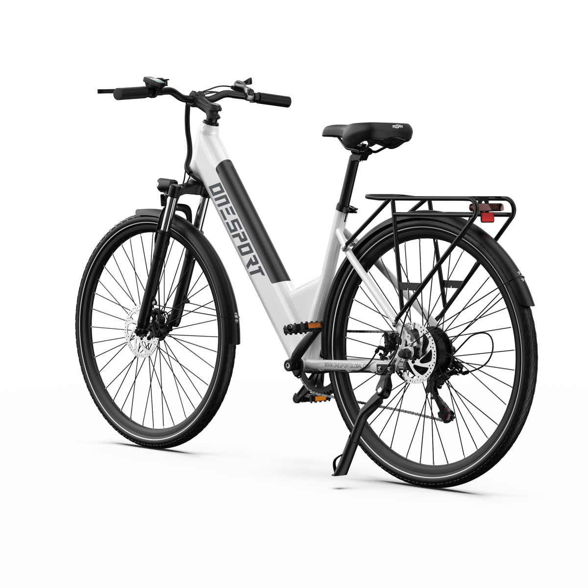 OneSport OT12 Pro, white electric bicycle seen from the rear three-quarter with rear rack, rear light and kickstand