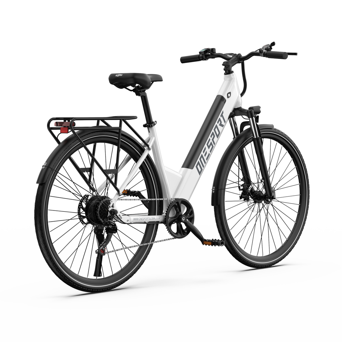 OneSport OT12 Pro, white electric bicycle seen from the rear three-quarter on the other side, with saddle and rear rack