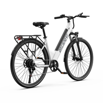 OneSport OT12 Pro, white electric bicycle seen from the rear three-quarter on the other side, with saddle and rear rack