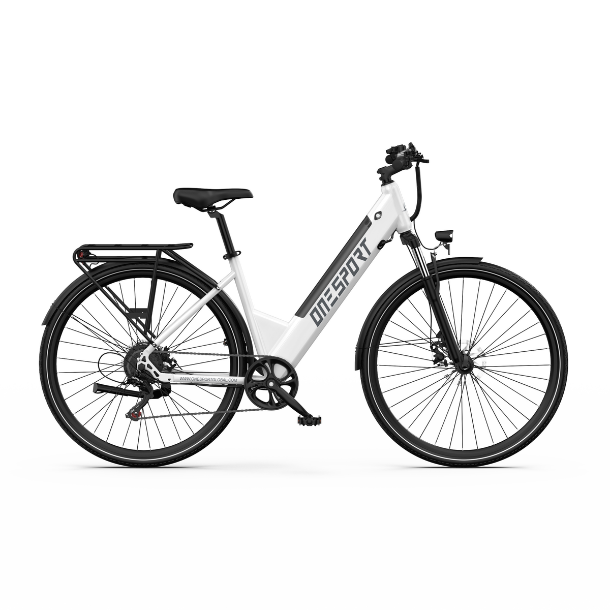OneSport OT12 Pro, white electric bicycle seen from the side with a low step-through frame, rear rack and mudguards