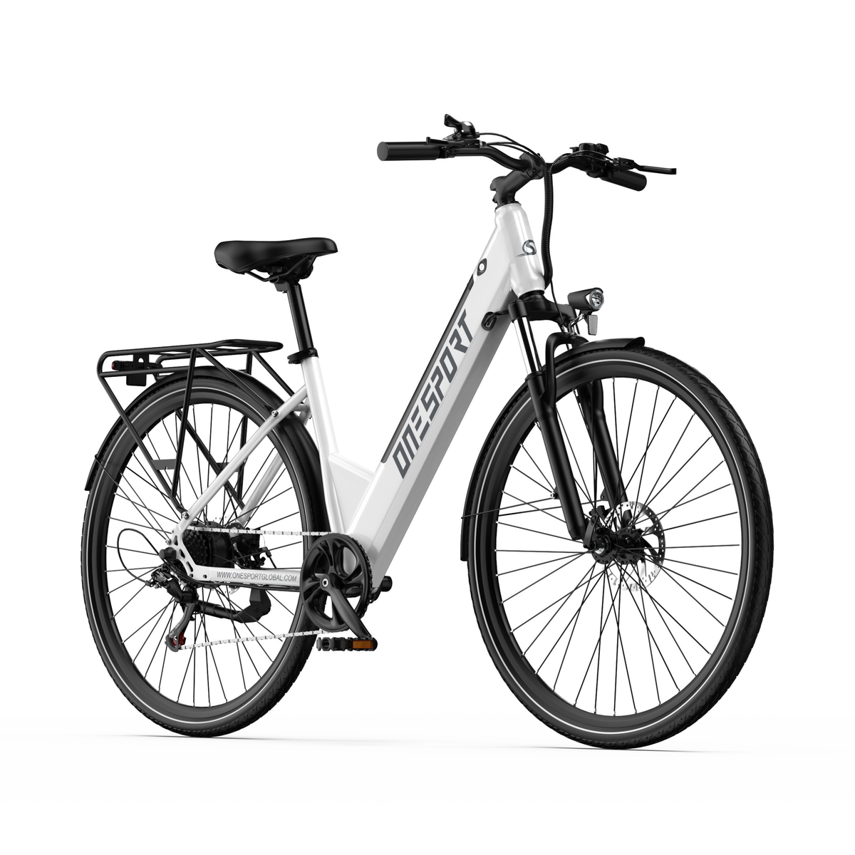 OneSport OT12 Pro, white electric bicycle seen from the front three-quarter with handlebar, front light and rear rack