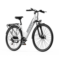 OneSport OT12 Pro, white electric bicycle seen from the front three-quarter with handlebar, front light and rear rack