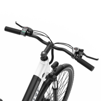 OneSport OT12 Pro, close-up of the handlebar with display, gear shifter and brake lever from above at an angle