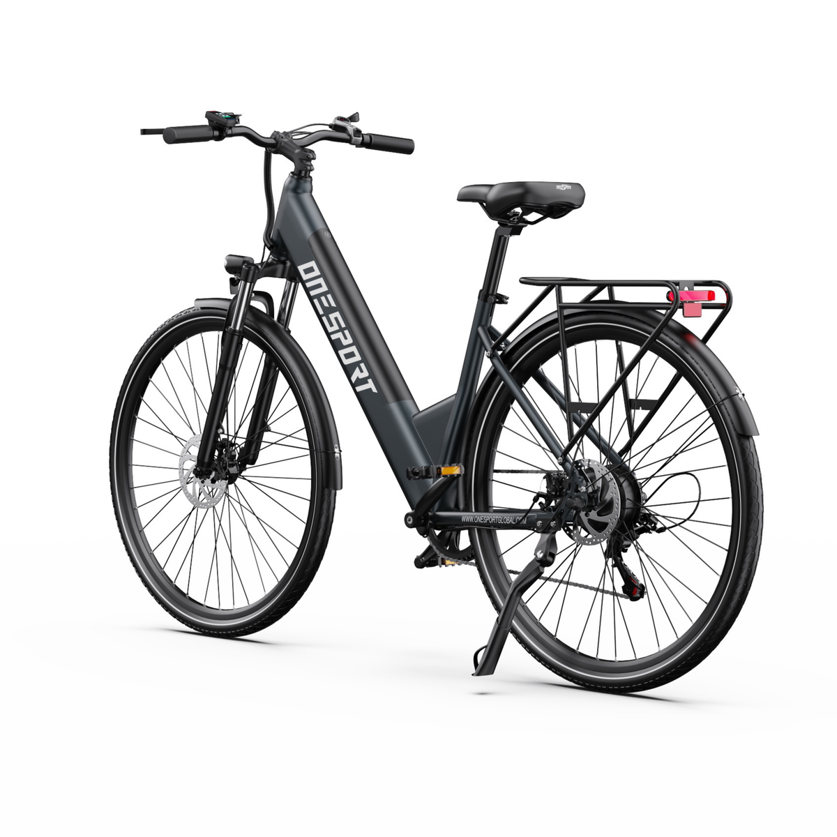 OneSport OT12 Pro e-bike at an angle from the front with handlebar, display, rear rack, rear light and kickstand