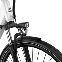 Front fork on the OneSport OT12 Pro with front light, reflector, mudguard and front wheel
