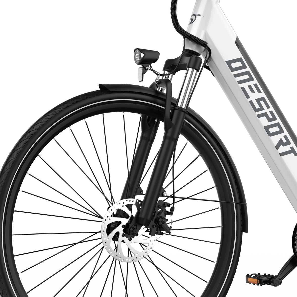 Front wheel with disc brake and mudguard on the OneSport OT12 Pro, white frame with the text ONESPORT