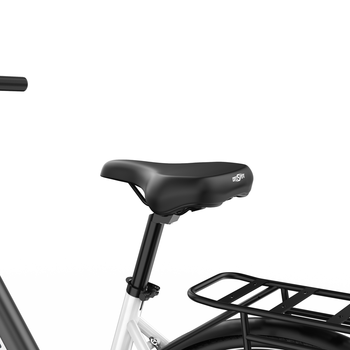 OneSport OT12 Pro, close-up of the black saddle, seatpost and rear rack