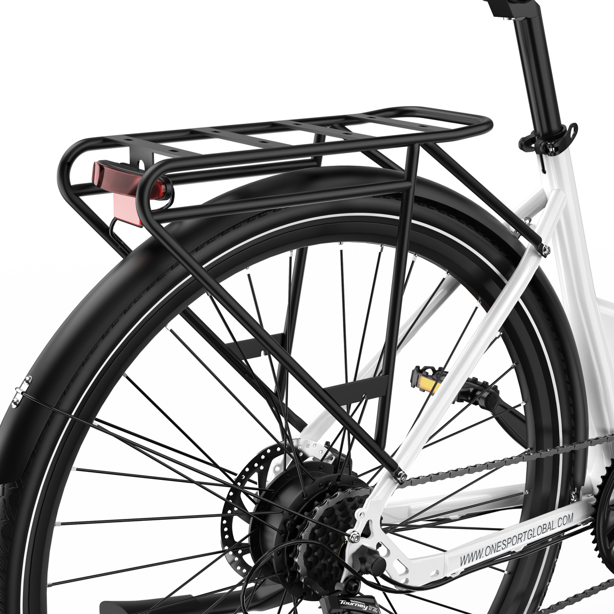 OneSport OT12 Pro, rear wheel with black rear rack, mudguard and red rear light