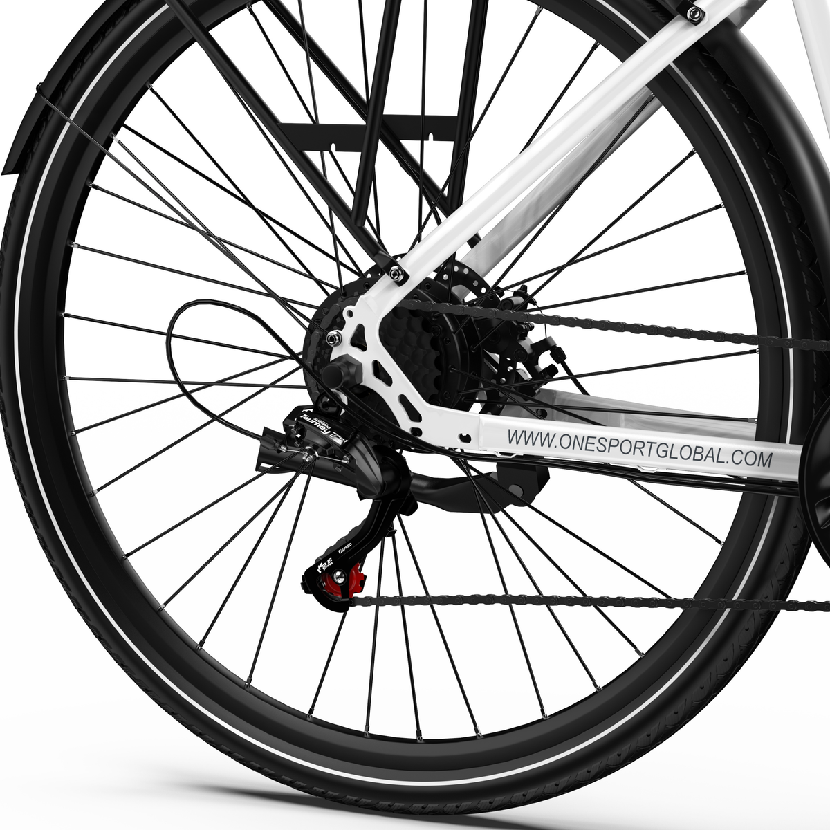 OneSport OT12 Pro, close-up of the rear wheel with rear rack, chain and rear derailleur on a white frame
