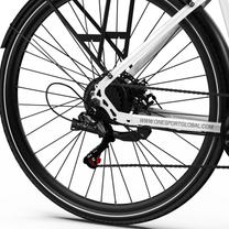 OneSport OT12 Pro, close-up of the rear wheel with rear rack, chain and rear derailleur on a white frame