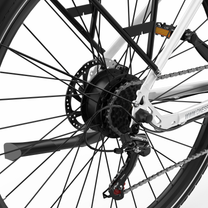 OneSport OT12 Pro, close-up of the rear wheel hub with brake disc, cassette and rear derailleur
