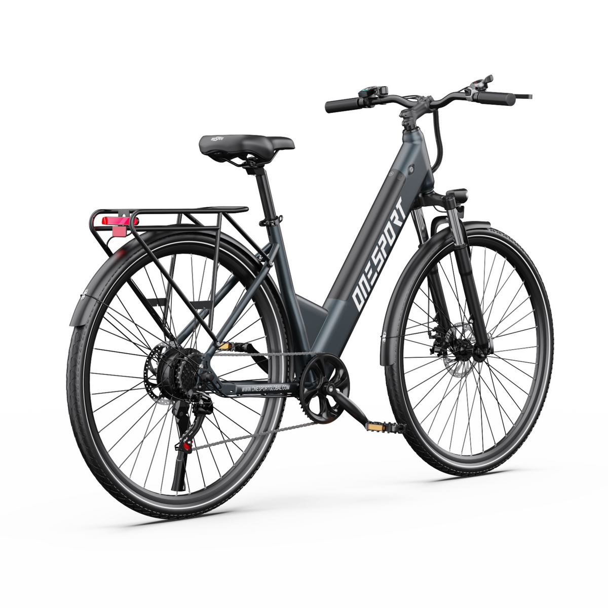 OneSport OT12 Pro e-bike seen from behind at an angle with rear rack, red rear light, saddle and chain