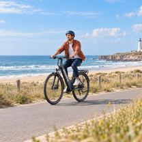 Man wearing a helmet riding a OneSport OT12 Pro along a coastal road with the sea and a lighthouse in the background