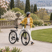 Woman wearing a helmet walking a white OneSport OT12 Pro in a park with blossoming trees