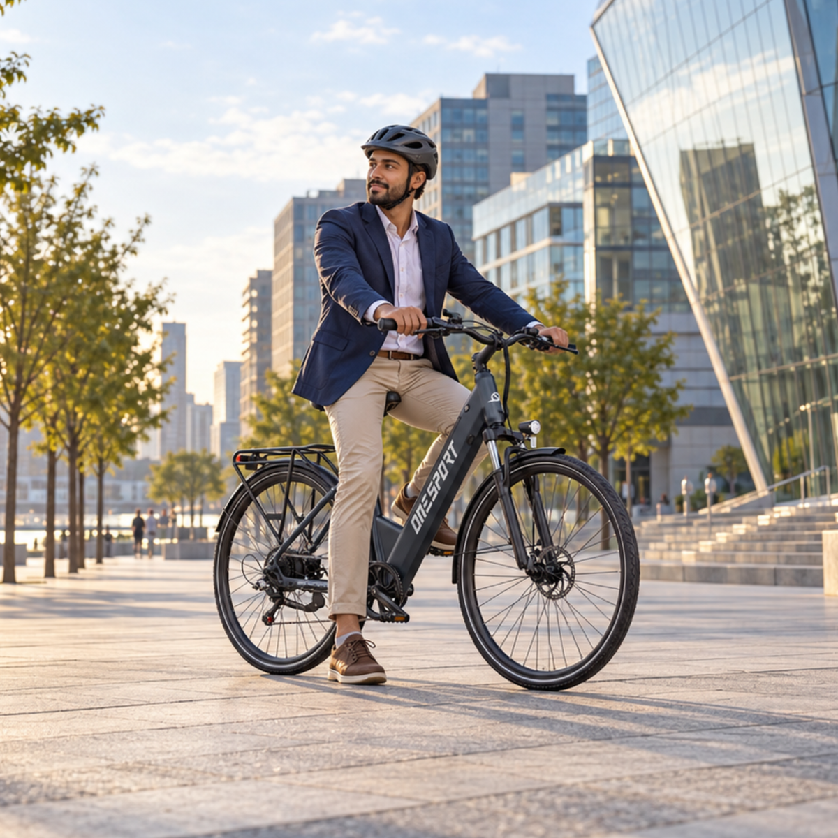 Man wearing a helmet sitting on a black OneSport OT12 Pro in a city square with modern buildings