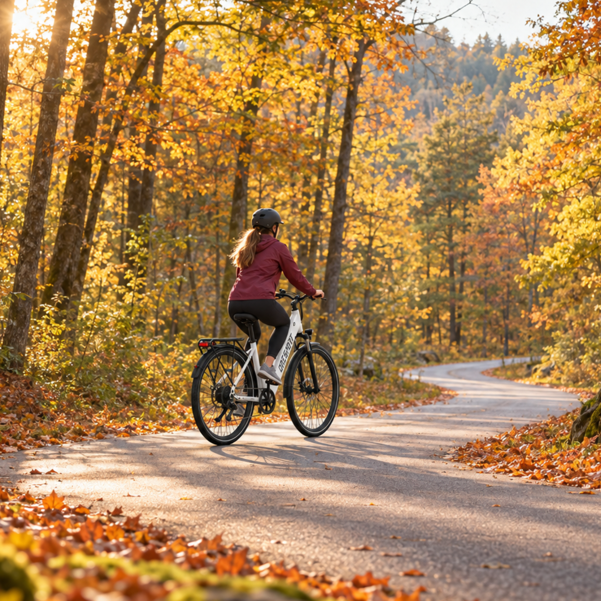Woman wearing a helmet riding a white OneSport OT12 Pro on a forest road among autumn leaves