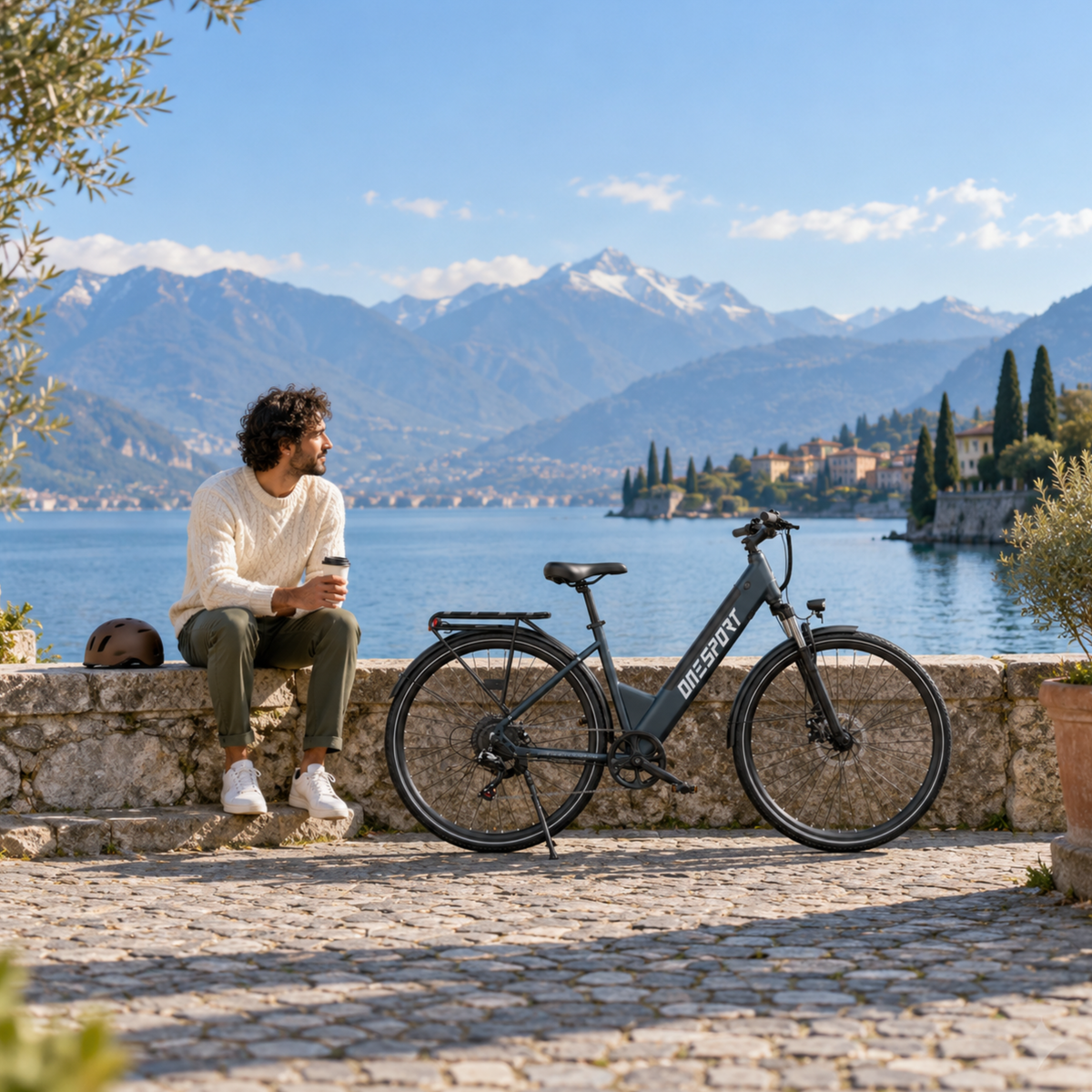 OneSport OT12 Pro electric bike on a paved lakeside quay, with a man sitting on the wall beside it and mountains in the background