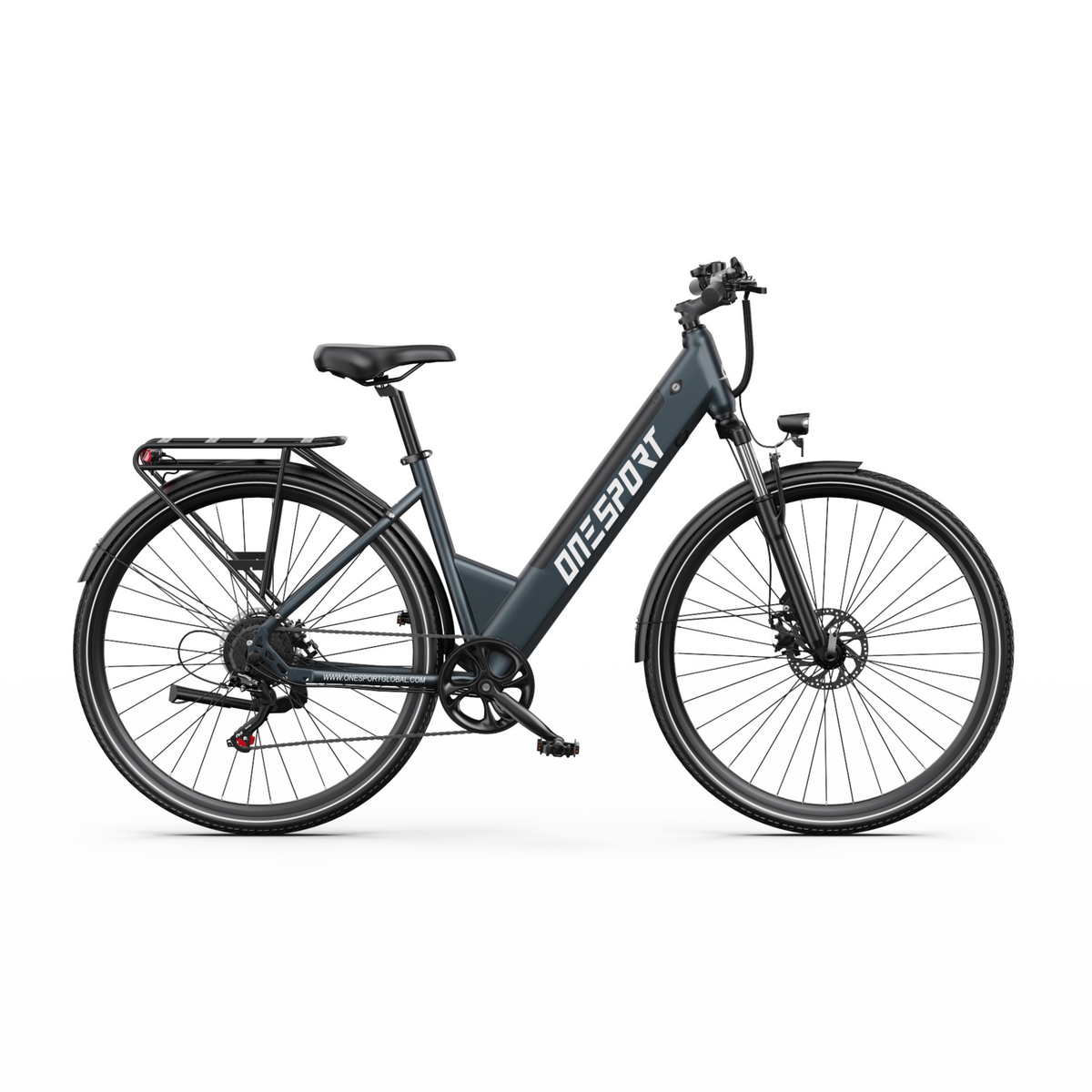 OneSport OT12 Pro e-bike seen from the side with low step-through, rear rack and mudguards