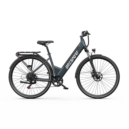 OneSport OT12 Pro e-bike seen from the side with low step-through, rear rack and mudguards