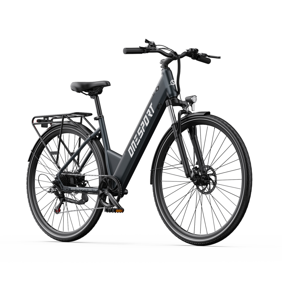 OneSport OT12 Pro e-bike in angled front view with handlebar, headlight and rear rack