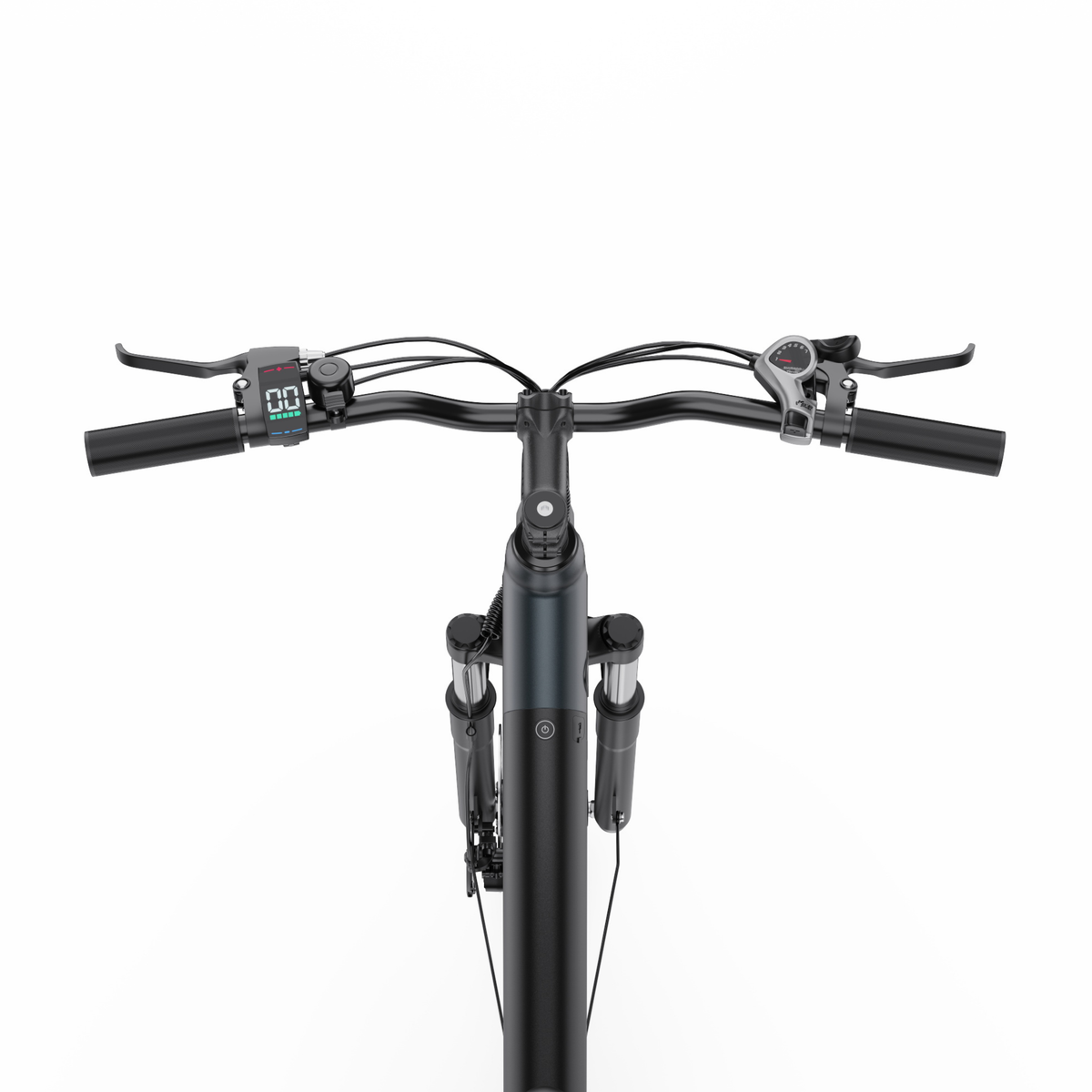 Handlebar of the OneSport OT12 Pro seen from above with display, brake lever and gear shifter