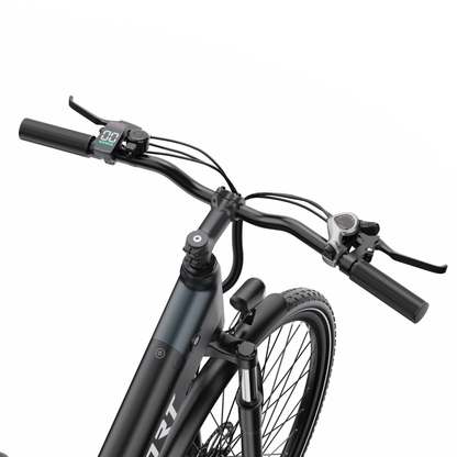 Handlebar of the OneSport OT12 Pro with display, gear shifter and brake lever
