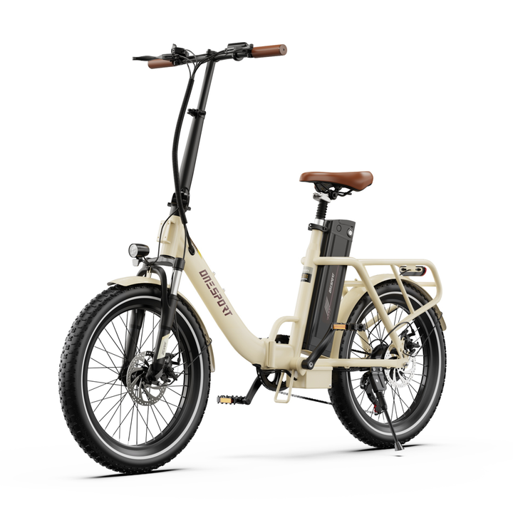 OneSport OT16 Pro electric bike in cream white, seen from a front angle with brown saddle, brown grips and rear cargo rack